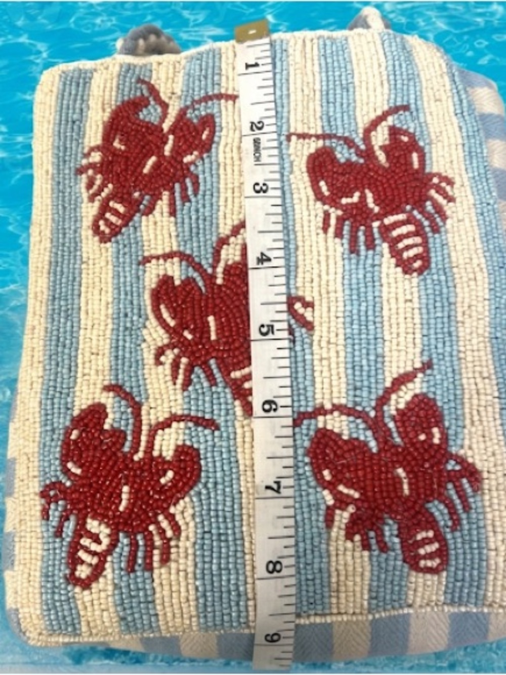 LULU Blue & White Beaded Crossbody Bag w/ Red Lobster. Beach, Nautical, Ocean - Picture 7 of 7
